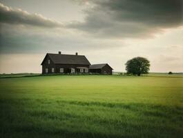 ai généré en bois ferme maison dans vert champ, paysage, illustration, rétro photo