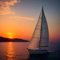 ai généré yacht voile contre le coucher du soleil. vacances mode de vie paysage avec horizon voilier et le coucher du soleil silhouette. yachting tourisme. le image a été établi en utilisant génératif ai. photo