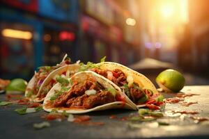 fermer coup de une style rue taco avec grillé Viande, Frais salsa, et vibrant garnitures photo