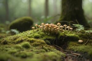 une moussu sol avec minuscule champignons dans le Contexte. photo