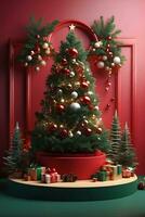 luxe joyeux Noël produit afficher podium avec pin arbre et décoration. photo