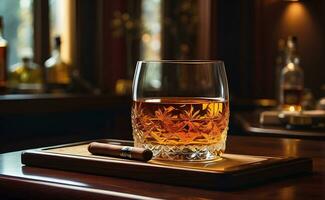 une verre de d'or Rhum et cigare avec luxe pièce Contexte. photo