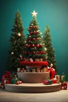 luxe joyeux Noël produit afficher podium avec pin arbre et décoration. photo