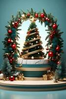 luxe joyeux Noël produit afficher podium avec pin arbre et décoration. photo
