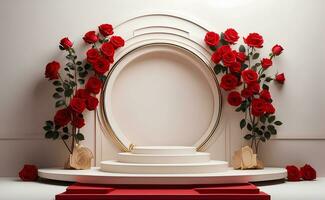 une moderne podium avec rouge Rose Contexte. photo