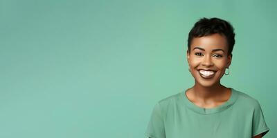 ai généré souriant Jeune femme avec bronzé peau et court soigné cheveux isolé sur plat rouge pastel Contexte avec copie espace. modèle pour bannière de cosmétique des produits, beauté salon et dentisterie photo