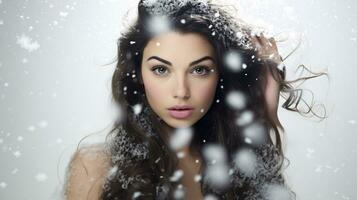 ai généré rose élégance enchanteur hiver pays des merveilles avec chute flocons de neige, avec une modèle dans onirique sérénité photo