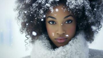 ai généré rose élégance enchanteur hiver pays des merveilles avec chute flocons de neige, avec une modèle dans onirique sérénité photo