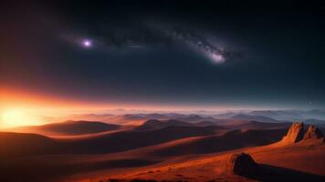 fantaisie paysage de ardent planète avec embrasé étoiles, nébuleuses, massif des nuages et chute astéroïdes. ai généré photo