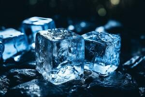 une groupe de la glace cubes séance sur Haut de une pile de rochers, génératif ai photo