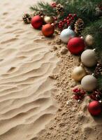 ai généré Noël arrière-plan, Achevée avec Noël décorations isolé sur plage le sable arrière-plan, Haut vue photo