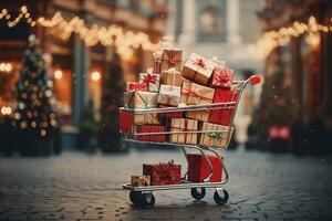 achats Chariot rempli avec cadeau boîte sur Noël marché photo