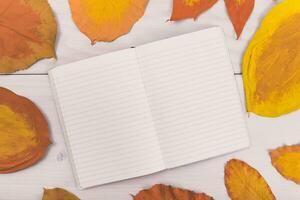 l'automne feuilles et ouvert carnet sur une blanc en bois Contexte photo