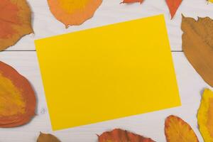 Jaune papier avec l'automne feuilles sur une blanc Contexte photo