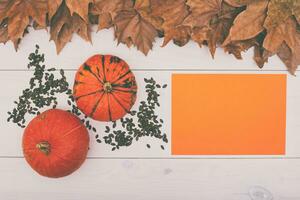 citrouilles et feuilles sur une blanc en bois table avec Orange papier photo