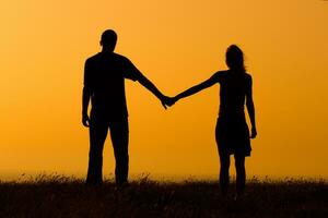 silhouette de une homme et une femme en portant mains photo