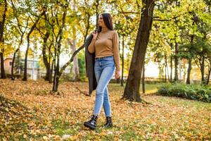 magnifique femme en marchant dans le parc et jouit dans l'automne. photo