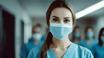 ai généré femelle médecin portant médical masque dans hôpital pendant emploi photo