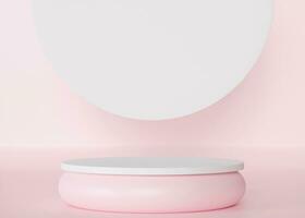 rond podium sur blanc et rose Contexte. pastel couleurs. étape pour produit, cosmétique présentation. minimaliste moquer en haut. piédestal, Plate-forme pour beauté des produits. vide scène. afficher, vitrine. 3d. photo