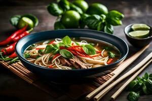 une bol de asiatique nouille soupe avec Viande et des légumes. généré par ai photo