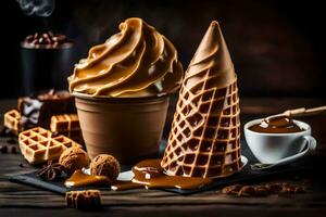 une gaufre cône avec Chocolat et caramel sur une tableau. généré par ai photo