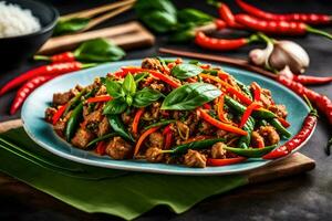 poulet et des légumes remuer frire. généré par ai photo