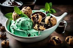 une bol de la glace crème avec biscuits et menthe. généré par ai photo