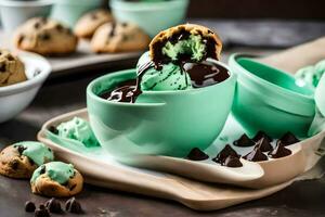 une vert la glace crème scoop est étant ramassé dans une Coupe. généré par ai photo