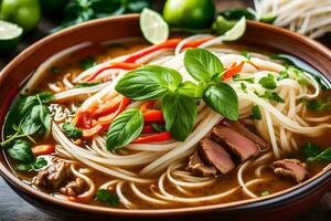 thaïlandais nouille soupe avec poulet et des légumes. généré par ai photo