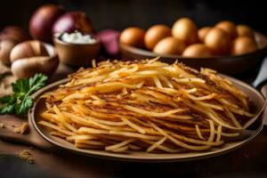 le traditionnel français frites sont frit patates avec Ail et herbes. généré par ai photo