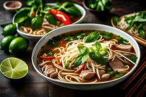une bol de asiatique nouille soupe avec Viande et des légumes. généré par ai photo