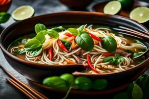 une bol de asiatique nouille soupe avec baguettes. généré par ai photo