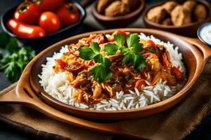 poulet curry avec riz et des légumes dans une en bois bol. généré par ai photo