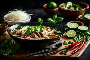 thaïlandais du boeuf nouille soupe avec basilic et chaux. généré par ai photo