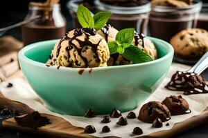 Chocolat puce la glace crème dans une bol avec Chocolat frites et menthe feuilles. généré par ai photo