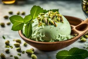 pistache la glace crème dans une en bois bol avec pistache feuilles. généré par ai photo