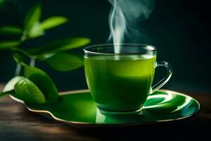 une tasse de vert thé avec vapeur sur une soucoupe. généré par ai photo