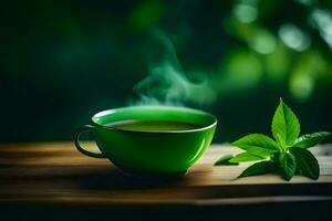 une tasse de vert thé sur une en bois tableau. généré par ai photo