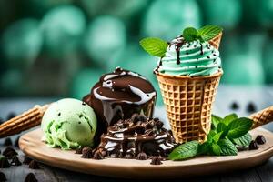 Chocolat la glace crème et menthe Chocolat puce la glace crème sur une en bois plaque. généré par ai photo