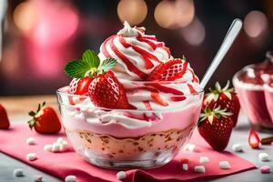 une dessert avec des fraises et fouetté crème. généré par ai photo