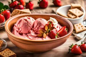 des fraises et crème la glace crème dans une bol. généré par ai photo