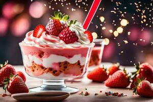 fraise sundae avec fouetté crème et des fraises. généré par ai photo