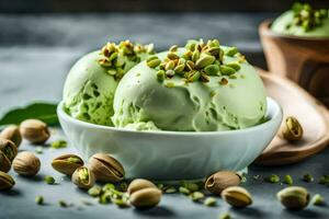 pistache la glace crème dans une bol avec pistache des noisettes. généré par ai photo