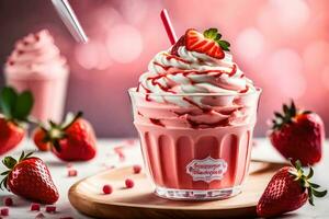 une fraise Milk-shake avec fouetté crème et des fraises. généré par ai photo