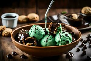 Chocolat la glace crème avec menthe et biscuits. généré par ai photo