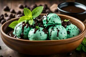 Chocolat menthe la glace crème dans une bol. généré par ai photo