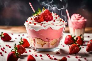 fraise Milk-shake avec fouetté crème et des fraises. généré par ai photo