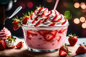 une fraise secouer avec fouetté crème et des fraises. généré par ai photo
