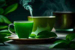 vert thé dans une tasse et une soucoupe. généré par ai photo