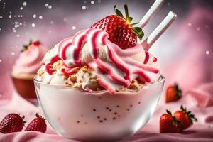 une fraise sundae avec fouetté crème et des fraises. généré par ai photo